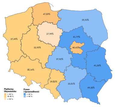 2014年欧洲议会波兰选区结果，与2009年相比公民纲领领先的选区减少了2个，法律与公正党则增加了2个