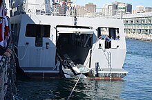 KDB Darulaman (08) at the Sydney International Fleet Review, demonstrating open RHIB dock.