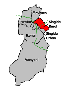 Singida Rural District's location within Singida Region.