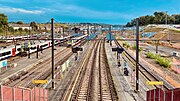 Looking down at the platforms and tracks from the north side