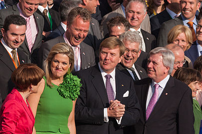 Willem-Alexander and Máxima of the Netherlands with Volker Boufier, the prime minister of hesse at a meeting with a dutch/german business delegation in front of the Kurhaus in Wiesbaden, Germany