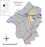 Location of Clinton Township in Hunterdon County highlighted in yellow (right). Inset map: Location of Hunterdon County in New Jersey highlighted in black (left).
