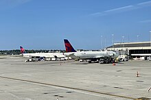 Delta Air Lines jets on the Concourse D ramp at Mitchell International Airport.