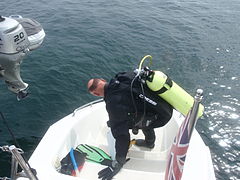 Volunteer diver preparing for a survey dive from the Reef Dragon