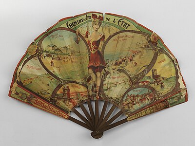 Art Nouveau fan decorated with irregularly-shaped medallions, made and sold by La Grande Maison de Blanc, 1902, paper, lithography, wood, metal, and gilding, Musée Galliera, Paris