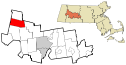 卡明顿在汉普夏县及马萨诸塞州的位置（以红色标示）