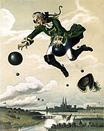 Munchausen rides the cannonball, as pictured by August von Wille