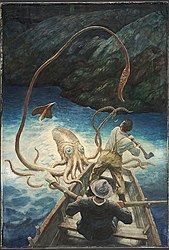 #29 (26/10/1873) The Adventure of the Giant Squid, painted by N. C. Wyeth c. 1939 to illustrate Norman Duncan's The Adventures of Billy Topsail (1906)[228] as republished in Anthology of Children's Literature (1940).[303] The story includes a fictionalised encounter with a giant squid based on the widely reported first Portugal Cove specimen.