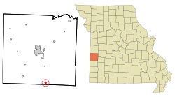 谢尔登在弗农县及密苏里州的位置（以红色标示）
