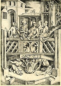 The Balcony; a young man is surrounded by three courtesans and a jester. Engraving