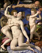 《维纳斯，邱比特，愚鲁与时间》（Venus, Cupid, Folly and Time）；布龙齐诺； 1540年代中期；木板油画；1.46 x 1.16米；英国国家美术馆