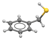 Ball-and-stick model of the benzyl mercaptan molecule