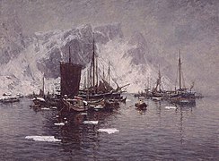 Fiskebåter ved Reine; by Gunnar Berg.