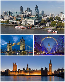 From upper left: City of London, Tower Bridge and London Eye, Palace of Westminster with Big Ben