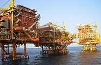 MC16. Oil and Natural Gas Corporation Limited produces around 77% of India's crude oil (equivalent to around 30% of the country's total demand) and around 81% of its natural gas. Shown here is an ONGC platform at Bombay High in the Arabian Sea.