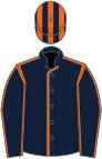 Dark blue, orange seams, striped cap