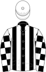 Black and white stripes, checked sleeves, white cap