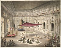 The simple grave of Asaf ud-Daula under a canopy inside the Bara Imambara; a watercolor by Seeta Ram, c. 1814–15.