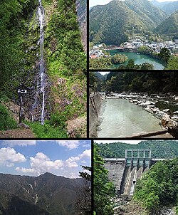 Clockwise from top left: Jyuni Waterfall, Totsukawa Spa area, Kamiyu Spa area, Kazeya Dam, Mount Shaka