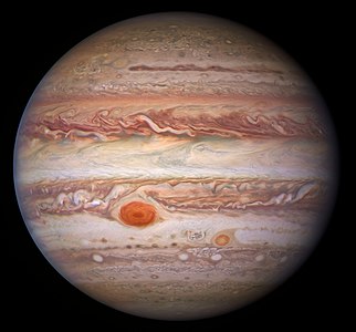 Jupiter imaged in visible light by the Hubble Space Telescope, January 11, 2017. Colours and contrasts are enhanced.