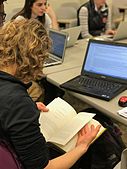 Editing Wikipedia articles during the Cornell University 2017 Art + Feminism Wikipedia edit-a-thon. Olin Library, March 11, 2017.