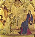 Fig. 23 Small-patterned Mongol-style textiles are worn by Angel Gabriel in The Annunciation by Simone Martini (1333).[phg 3]