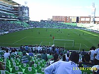Football pitch during a game, seen from one end