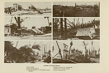 Six images showing impacts to a bathhouse, vegetation, and a few hotels