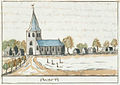 An illustration depicting the village c. 1710–1735, from the Atlas Schoemaker, currently held at the Koninklijke Bibliotheek