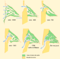 Formation of the Bassin d'Arcachon at 4000 BC, 400 BC, 700 AD, 1300 AD, 1708 AD and today. Green areas are mud and sand bars. Beige areas are sand dunes.