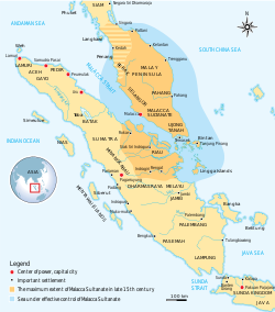 The extent of the Sultanate in the 15th century, during the reign of Mansur Shah. Pre-modern Southeast Asian political borders are subject to speculation.