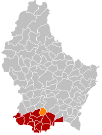 勒德朗日在卢森堡地图上的位置，勒德朗日为橙色，阿尔泽特河畔埃施县为深红色