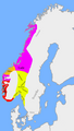 Division of the kingdom c. 930 AD., petty kingdoms assigned to Harald's sons and kinsmen (yellow), Harald's direct rule (red), Earls of Lade (purple), Earls of Møre (orange)