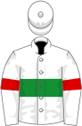 White, green hoop, white sleeves, red armlets, white cap