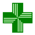 Simple green Greek cross, widely used in Europe and India,[citation needed] often an animated neon sign