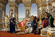 桑德罗·波提切利的《诽谤（英语：Calumny of Apelles (Botticelli)）》，62 × 91 cm，约绘于1495年，1773年始藏[49]