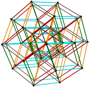 6-cube (Hexeract) orthographically projected to 3D using the Golden ratio. This is used to understand the aperiodic icosahedral structure of Quasicrystals.