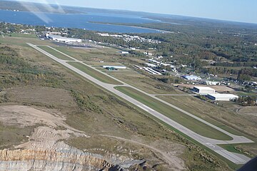 An aerial view of Charlevoix Municipal Airport