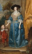安东尼·范戴克的《法兰西的亨利埃塔·玛丽亚与杰弗里·哈德森爵士肖像画（意大利语：Ritratto di Enrichetta Maria con il nano Jeffrey Hudson）》，219.1 × 134.8cm，约作于1633年，来自山缪·亨利·卡瑞斯的收藏。[41]
