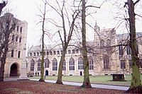 St Edmundsbury Cathedral in 1997, showing new chancel but unfinished central tower; Norman Tower to the left
