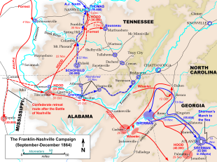 Map shows the Franklin-Nashville campaign, with Union forces in blue and Confederate forces in red.