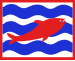 red fish on alternating blue and white wavy horizontal stripes