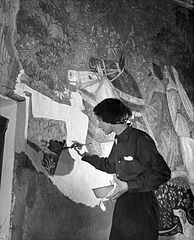 Louise Brann painting frescos for the Mount Vernon Public Library (1936), inspired by the 15th-century tapestry series, The Lady and the Unicorn