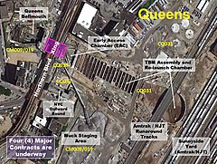 Map of the construction site in Queens.Workers launched tunnels under Sunnyside Yard and created a connection to the 63rd Street Tunnel under Northern Boulevard.