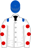 white, royal blue epaulets, white sleeves, red spots, royal blue cap