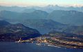 A 2004 view of the city of Powell River with its breakwater ships visible.