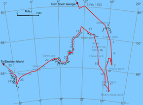 Chart of an area of sea in which an irregular line shows the passage of Quest