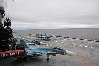 Sukhoi Su-33 aircraft on the flight deck during exercises in the Barents Sea, October 2008