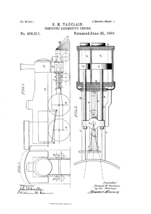 Image from the 1889 U.S. patent issued to cover the Vauclain compound.