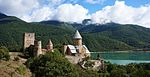 Monastery above the lake, hills in the background